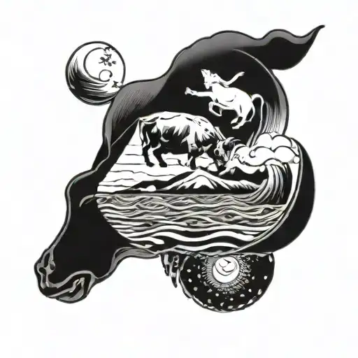 A Black Tattoo Of A Serene Ocean Scene With A Stuffed Cow Floating Peacefully
