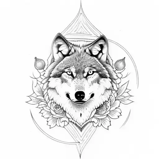 Wolf With Flowers And Moon