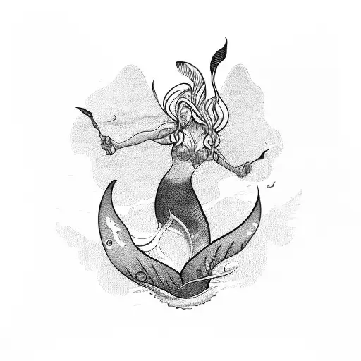 A Blackwork Tattoo Of A Hauntingly Beautiful Mermaid Emerging From The Depths Of The Ocean