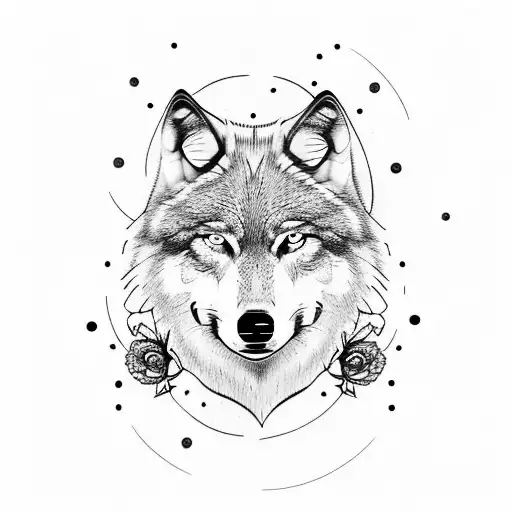 Wolf With Half Moon Behind And Flowers Under Face