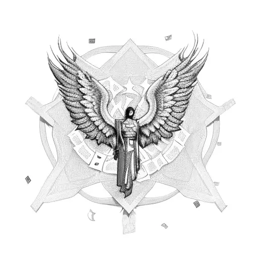 A Stylized Ak 47 Intertwined With Dollar Bills And Angel Wings