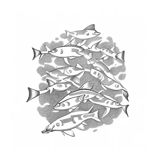 A Detailed Blackwork Tattoo Of A School Of Fish Swimming In A Stock Market Graph