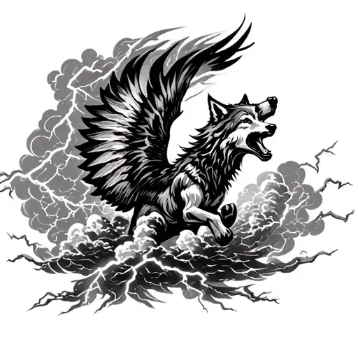 An Intricate Design Of A Wolf Soaring Through Stormy Clouds With Lightning Bolts Striking Around It