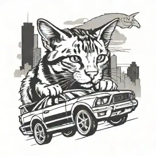 A Cat Sitting On Top Of A 2003 Ford Mustang Car With A City Skyline In The Background