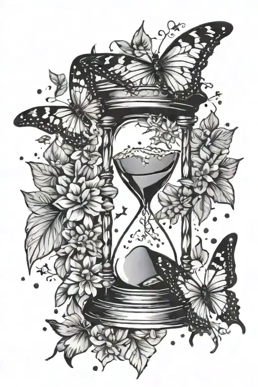 Hourglass Clock & Butterlies With Snowflakes Falling