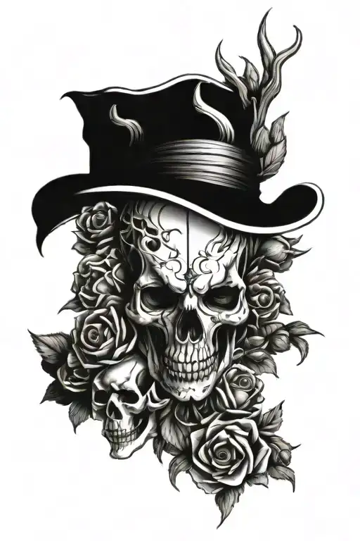 Skull Surrounded By Roses With Thorns Intertwined Within A Snake And A Wolf