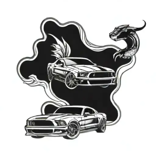 Create A Tattoo Design Featuring A Ford Mustang Gt 500 Racing Alongside A Sleek Black Snake