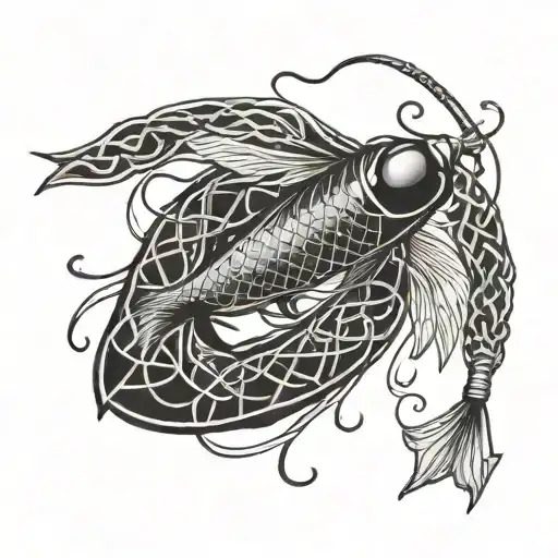 A Blackwork Tattoo Of A Celtic Knot Intertwined With A Fly Fishing Lure
