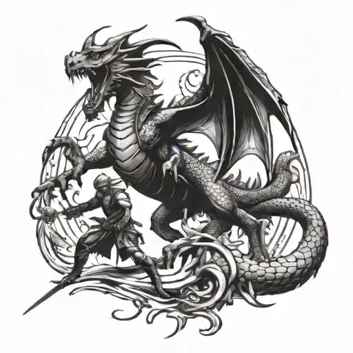 A Fierce Warrior Battling A Dragon In A Gaming-inspired Scene