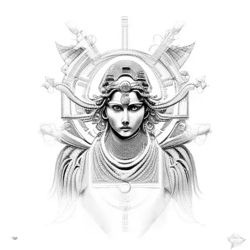 A Futuristic Interpretation Of A Roman God Or Goddess In A Blackwork Style