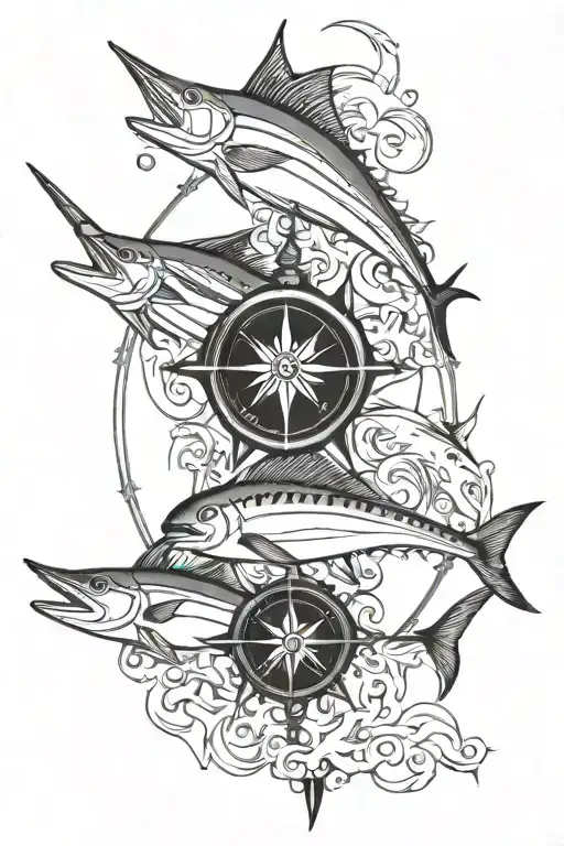 Tuna Marlin Dolphin Mahimahi Swordfish Tattoo With Compass