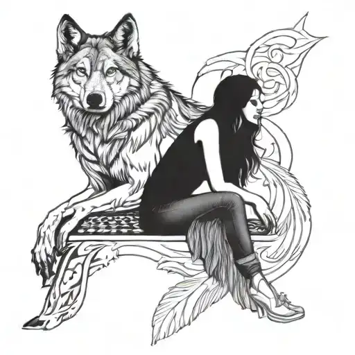 Wolf And A Beautiful Girl Sitting