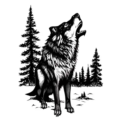 Wolf Howling Pines Standing