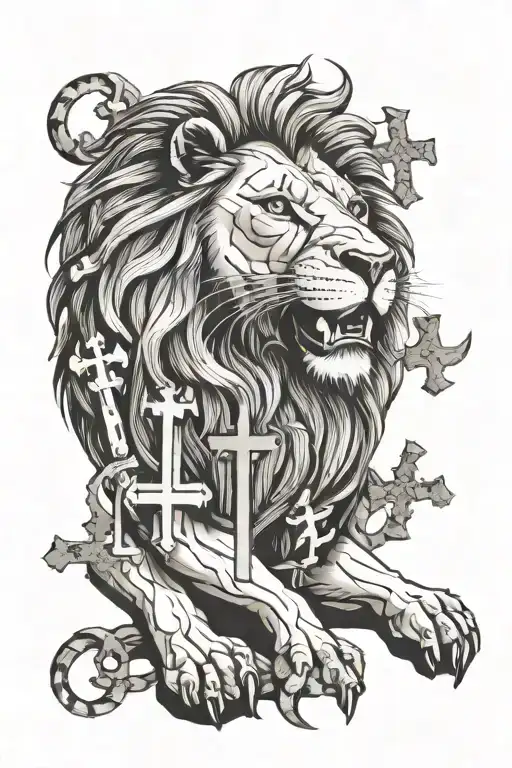 Lion In Front Of Biblical Crosses Horizontally A Scar