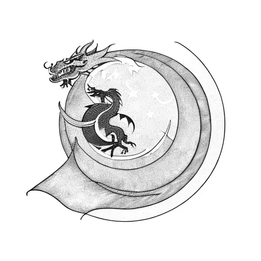 A Minimalist Design Of A Dragon Wrapped Around A Crescent Moon