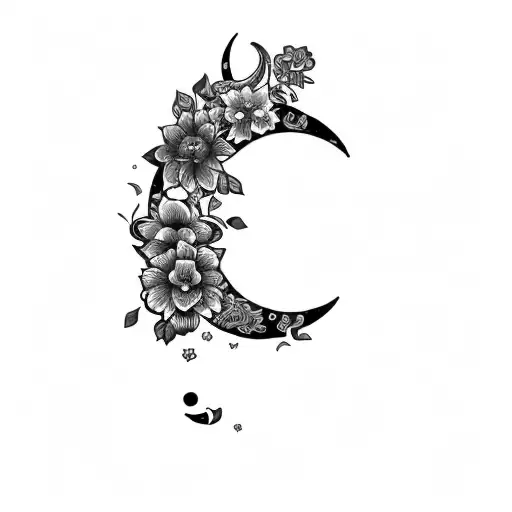 A Crescent Moon With Flowers And Geometric