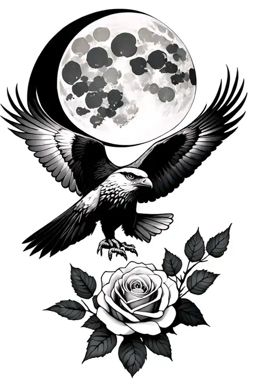 A Moon With A Hawk Flying Beneath It In The Wind With A Rose