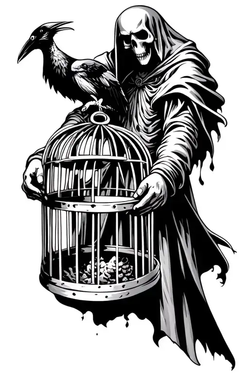 The Reaper Holding A Cage In His Hands With A Crow Inside Which Is Going To Escape