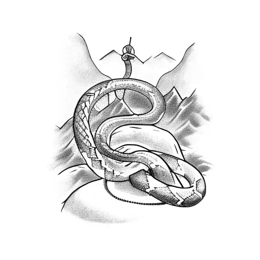 A Tattoo Of A Snake Wrapped Around A Barbell With A Mountain Peak In The Background