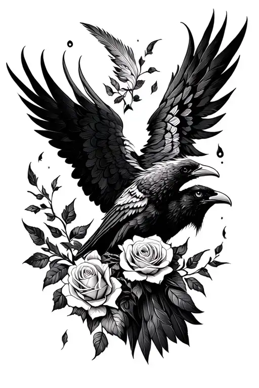 Celtic Raven With Its Wings Spread With Feathers Falling With Roses