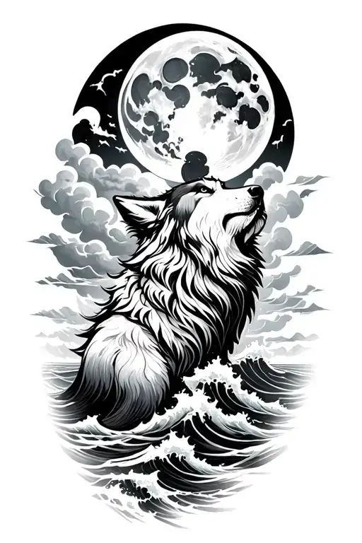 A Mystical Tattoo Of A Wolf Howling At The Moon Amidst Swirling Storm Clouds And Crashing Waves