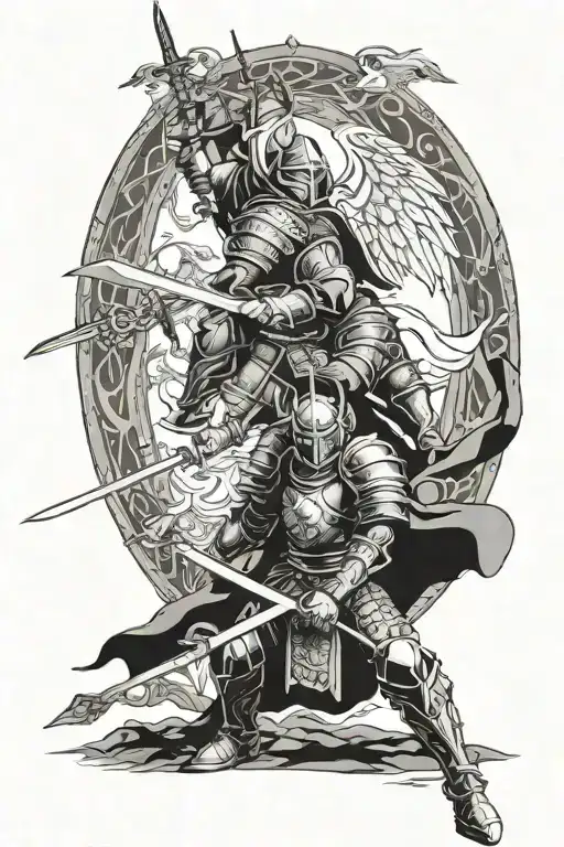 Knight And Heavenly Gate And Angel In Background And Samurai And Viking Warrior