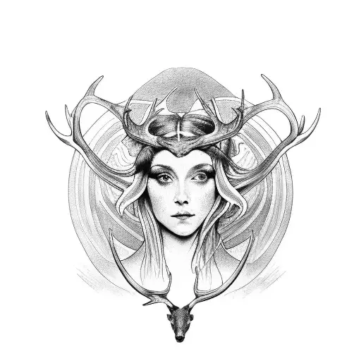 Lady With Deer Horns And A In Front Of A Tree Full Body On A Alfons Mucha Style