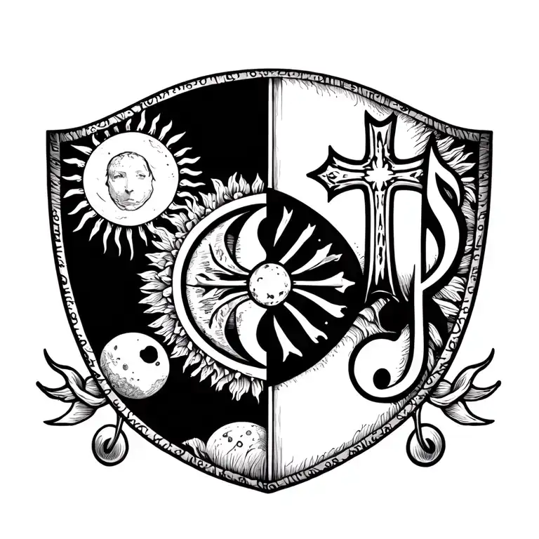 Achill Shield With A Cross A Sun And Moon On Te Left And A Treble Clef On The Right