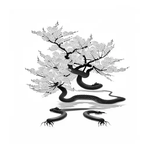 Japanese Cherry Blossom Tree With Hidden Dragon And Snake Elements