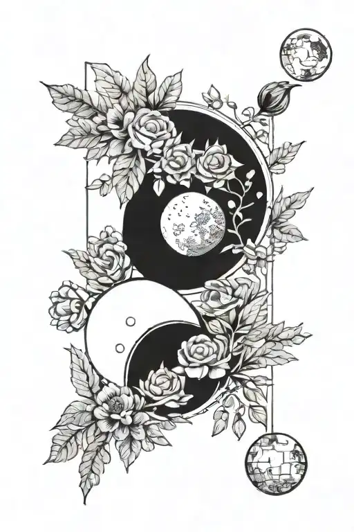 Moon Phases In A Line With Flowers On The Side