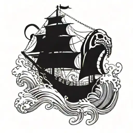 Kraken With A Skull Attacking A Ship On The Ocean Waves