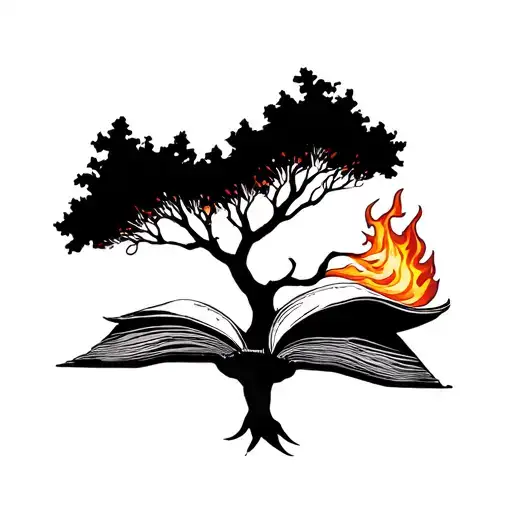Book Pages Tree Growing Out And Flames Coming