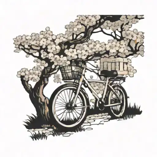 A Peaceful Garden With A Classic Bike Parked Under A Cherry Blossom Tree
