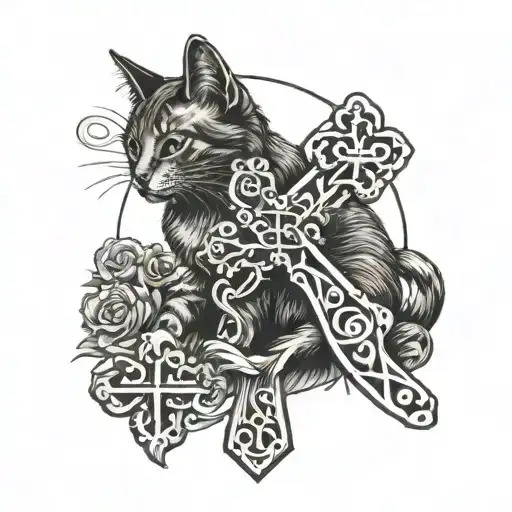 Cat Holding A Gothic Cross That Has A Style From The 2000S