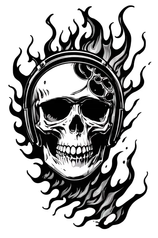 Skull With Motocycle Helmet Engulfed In Flames