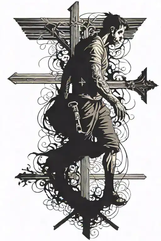 Guy Walking Into Cross With A Shadow Behind Him Like He