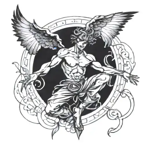 A Blackwork Design Of A Wind Sylph Male In A Mythical Setting