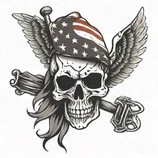 A Skull With Wings Made Out Of Hockey Sticks And An American Flag Cape