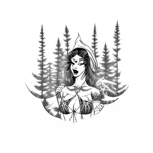 Sleeve Tattoo Of A Sexy Witch Brewing In A Pine Forest