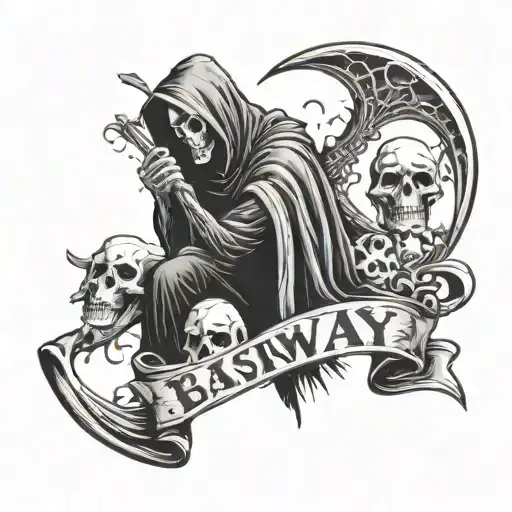 Grim Reaper With Word Rawway And Skulls All Around With A Destinct Look