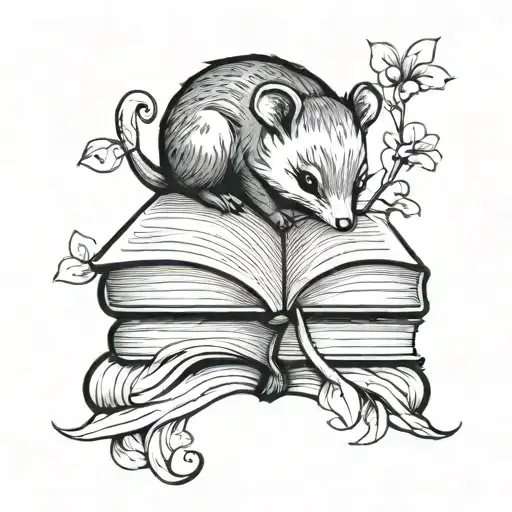 A Whimsical Blackwork Tattoo Of A Small Cute Mammal Peeking Out Of A Book