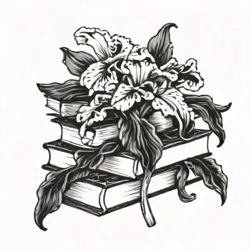 A Black Bearded Iris Flower Intertwined With A Stack Of Books