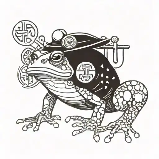 A Japanese Frog Wearing A Samurai Helmet Surrounded By Coding Symbols