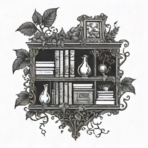 A Gothic-inspired Bookshelf Filled With Dark Flowers And Vines
