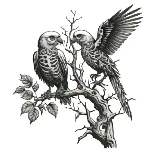 Skeleton Twocan Bird In Skeleton Tree Branch