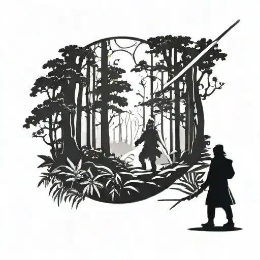 A Silhouette Of A Jedi Knight Walking Through A Dense Forest With A Lightsaber Drawn