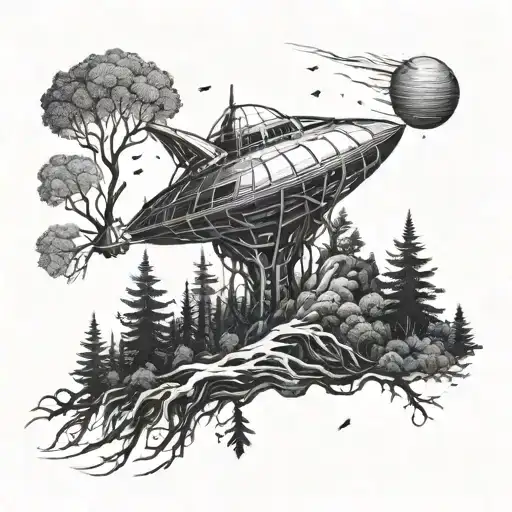 A Spaceship Exploring A Mysterious Haunted Planet Covered In Trees