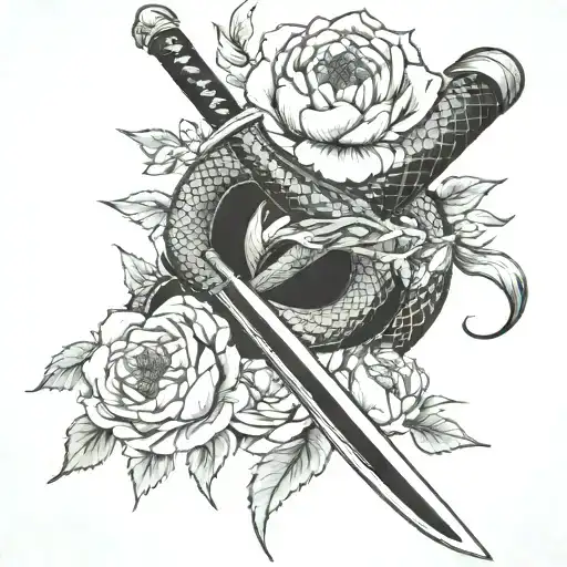 A Snake Wrapped Around A Katana Sword With Peonies Blooming In The Background