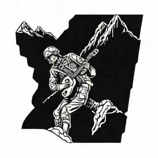 A Detailed Blackwork Tattoo Of A Soldier Playing A Guitar On A Mountain Peak