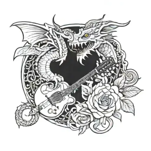 A Dragon Playing A Guitar With Roses Intertwined In The Strings